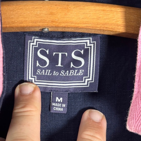 STS Sail to Sable Linen Maxi Dress M Navy Blue Pink Collar Coastal Prep - Picture 4 of 13